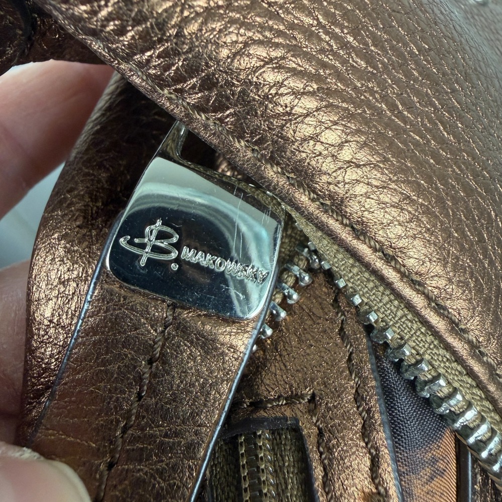 B. Makowsky Hobo Bag Women Metallic Bronze Leather Studded Fringe Shoulder Strap - Picture 3 of 16